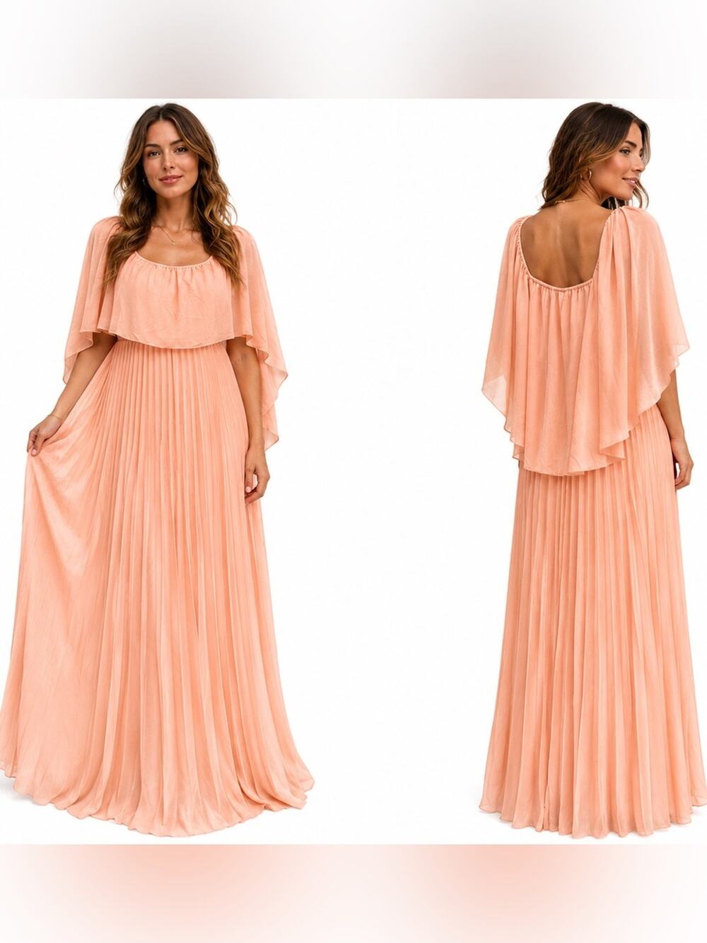 Vtg 70s Peach Pleated Goddess Maxi Dress Dramatic Cape Sleeve Size S Romantic